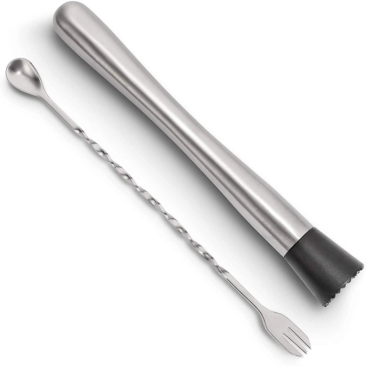 2-Piece Set:  Steel Cocktail Muddler and Mixing Spoon Home Bar Tool Set